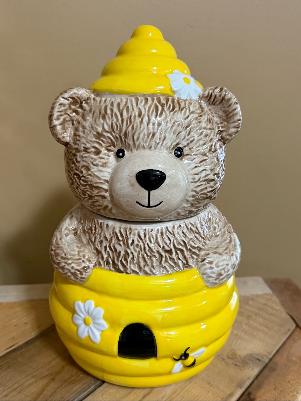 Ceramic Teddy Bear Cookie Jar in Yellow Beehive Design